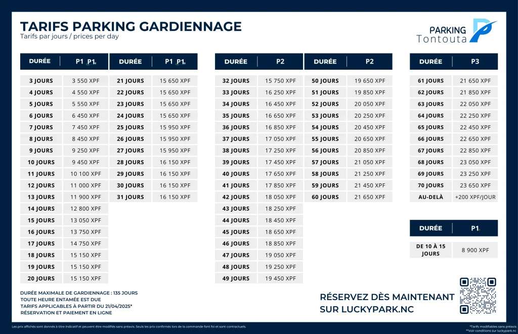 Grille tarifs parking tontouta aéroport 2025